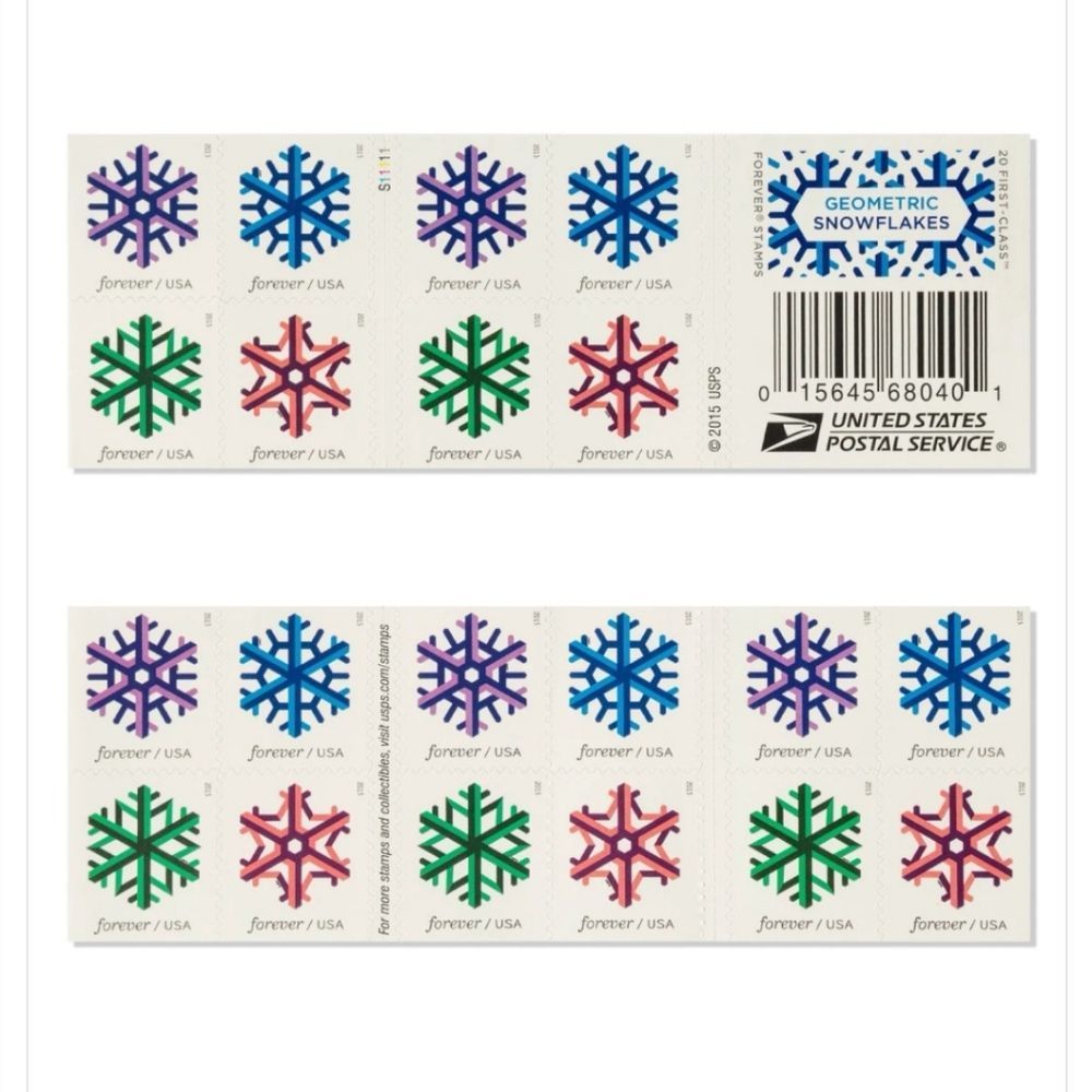 100 Geometric Snowflakes‎ 2015 Forever Stamps USPS Postage Christmas Cards Mail